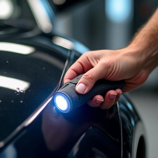 Detailer assessing car paint with a swirl finder light.